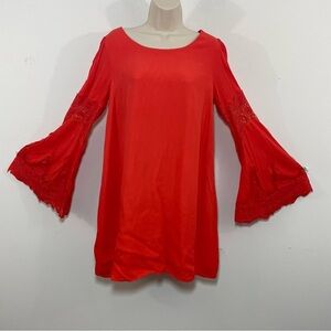 DO + BE shift dress bell sleeves lace trim size large boho red vibrant colorful